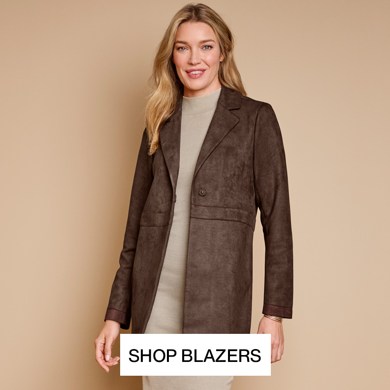 Woman wearing a brown suede blazer.